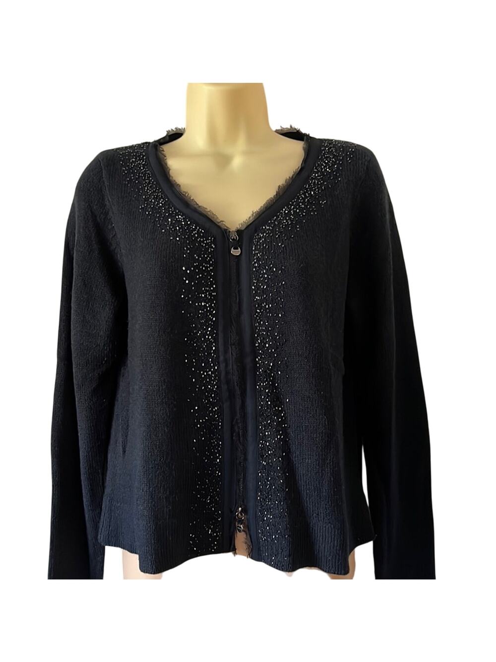 Martin & Osa Dark Navy Blue Beaded Zip Front Cardigan Sweater